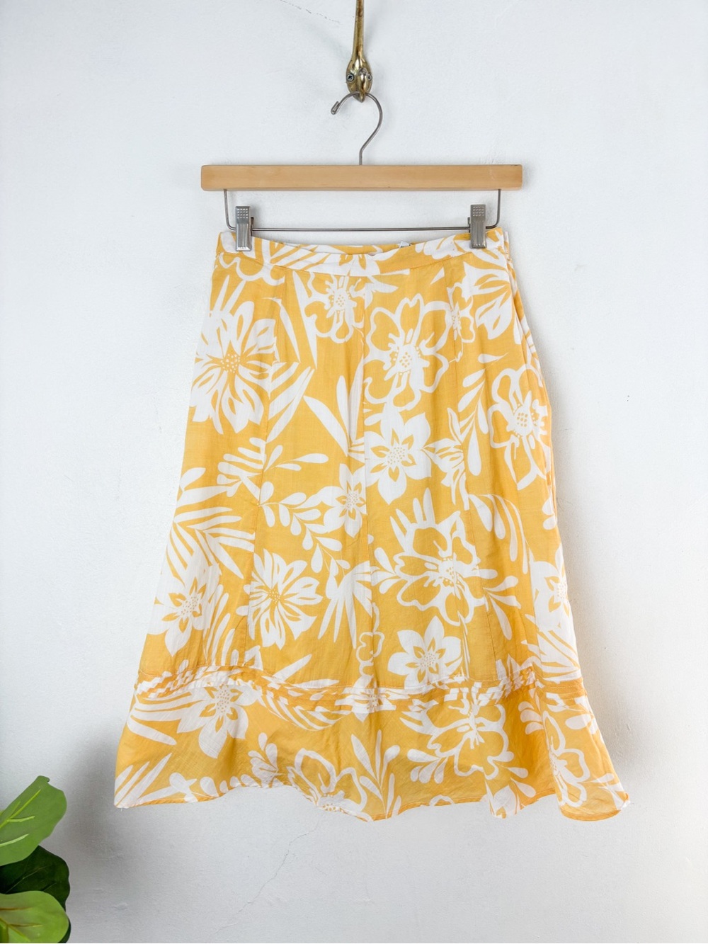 Vintage Y2K Chico’s Yellow Hawaiian Print Cotton Midi Skirt Sz 25